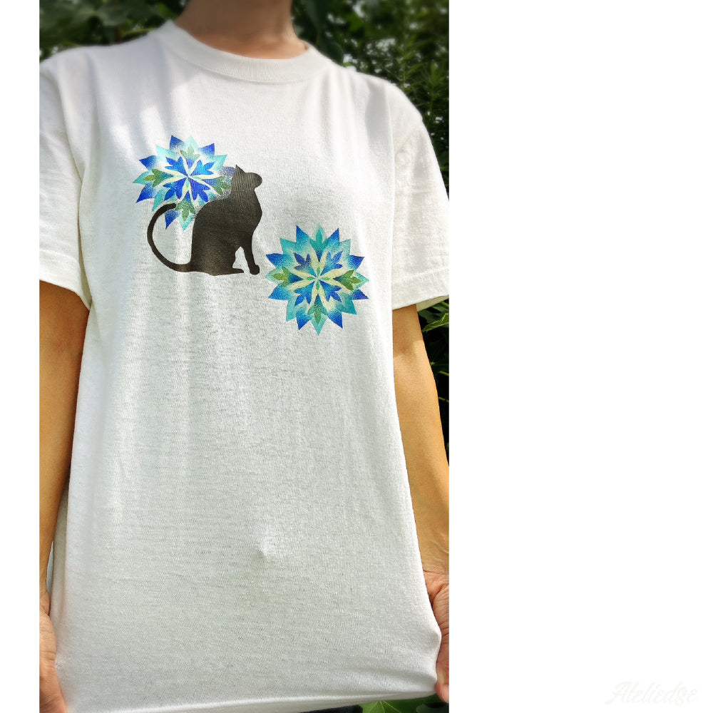 パステル画Tシャツ-猫/ホワイト